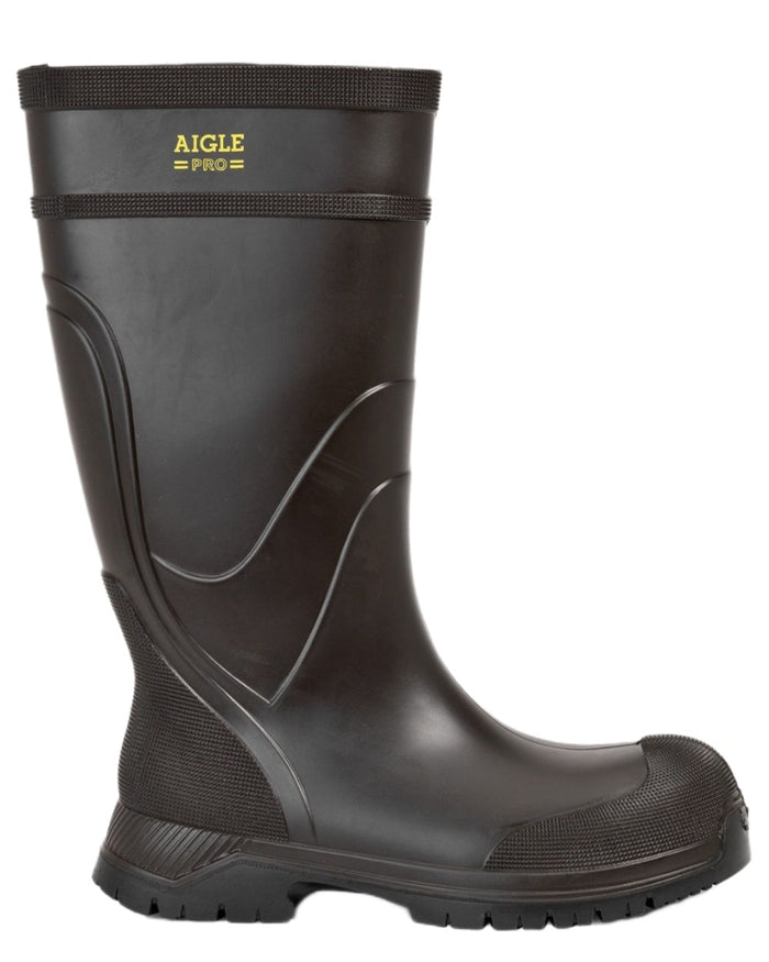 Brown coloured Aigle Mens Arvalt S5 Safety Wellingtons on white background #colour_brown