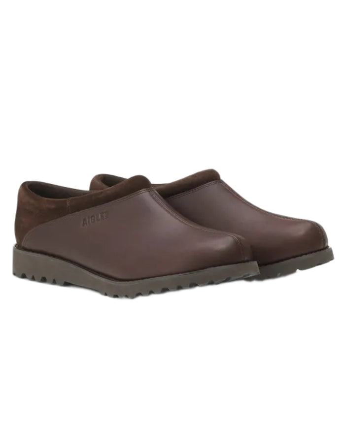 Dark Brown coloured Aigle Mens Basilo High Ultra Light Leather Clogs on white background #colour_dark-brown