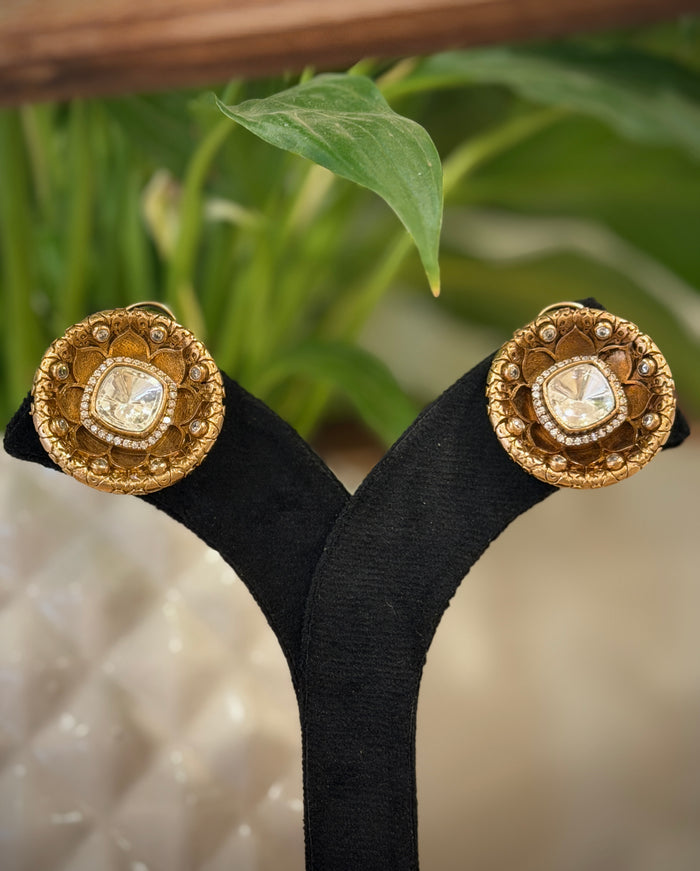 Antique Flower Diamond Polki Stud Earrings Set