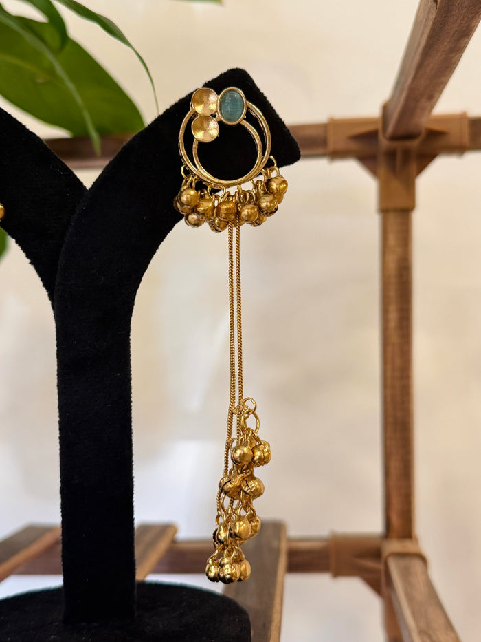 Antique Gold Hoop Multi Color Stone Ghungroo Chain Dangle Earrings