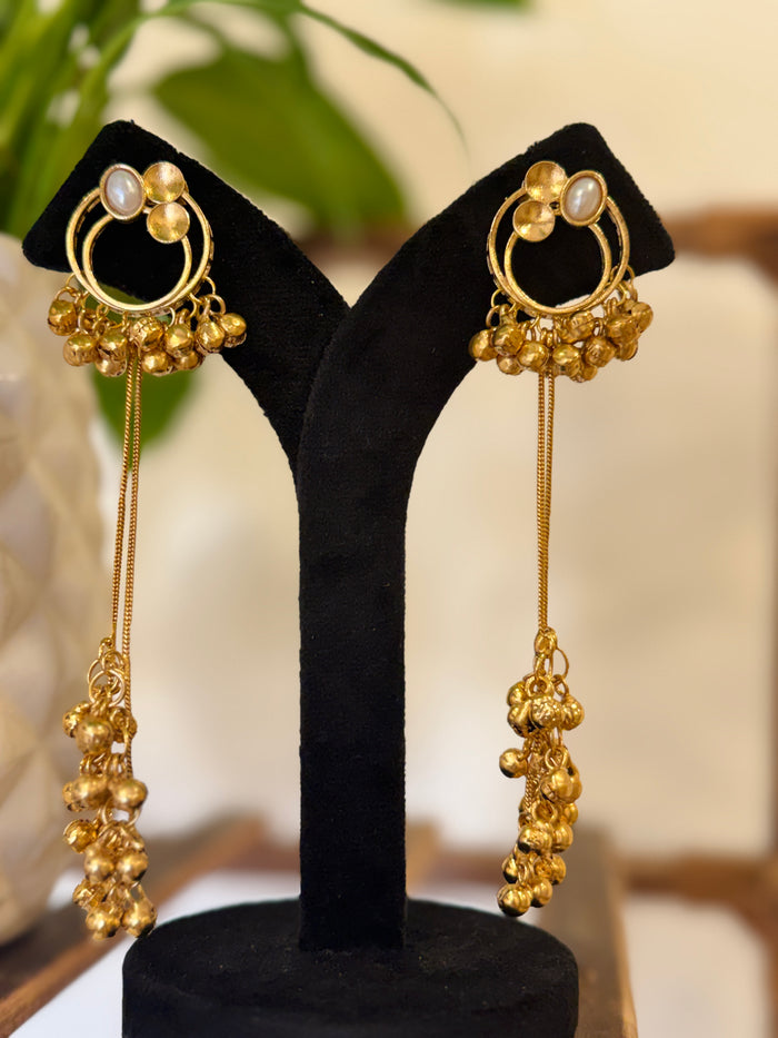 Antique Gold Hoop Multi Color Stone Ghungroo Chain Dangle Earrings