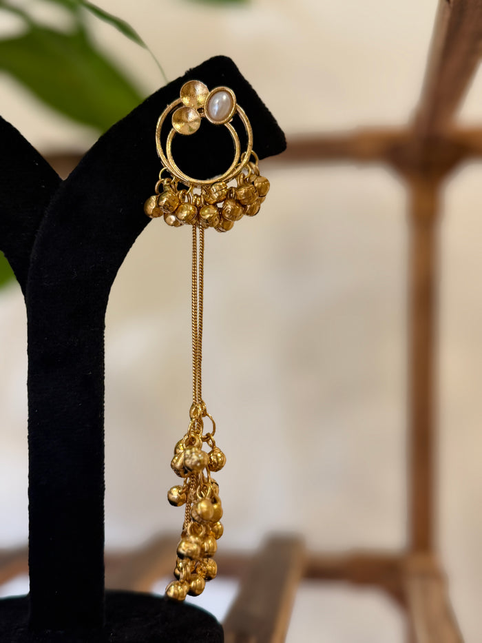 Antique Gold Hoop Multi Color Stone Ghungroo Chain Dangle Earrings