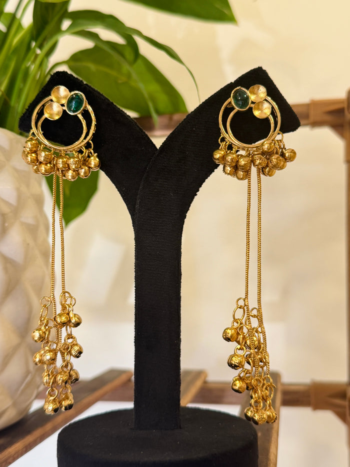 Antique Gold Hoop Multi Color Stone Ghungroo Chain Dangle Earrings