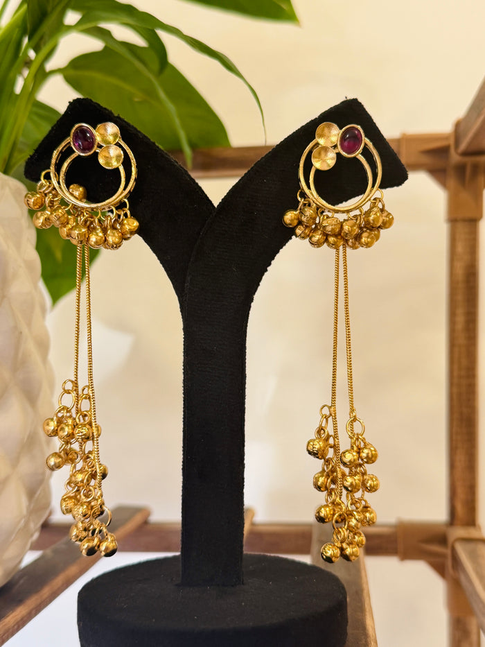 Antique Gold Hoop Multi Color Stone Ghungroo Chain Dangle Earrings