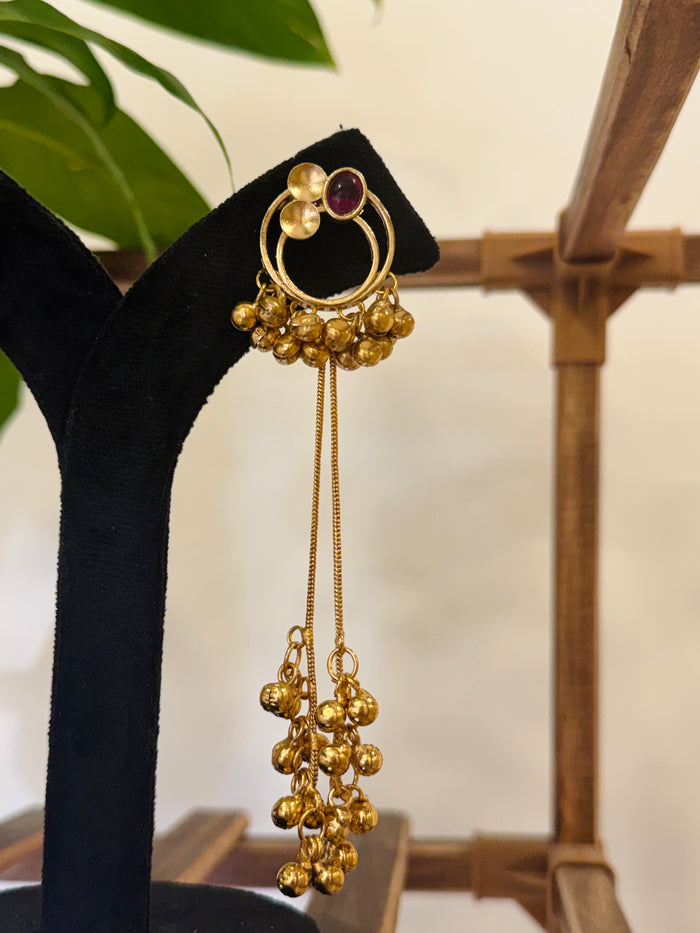 Antique Gold Hoop Multi Color Stone Ghungroo Chain Dangle Earrings