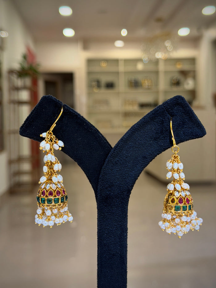 Antique Ruby Emerald Pearl Cluster Jhumka Earrings