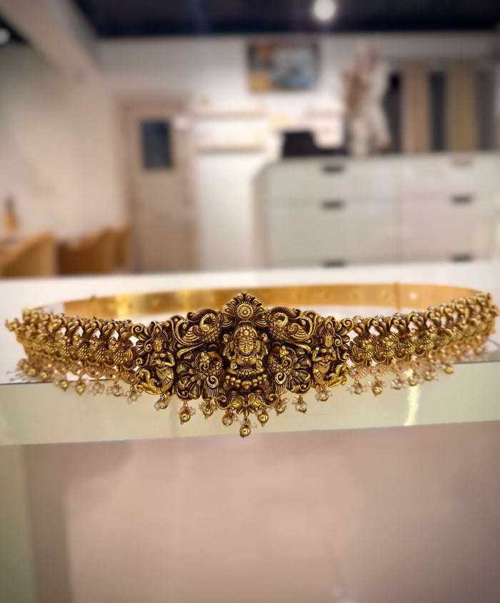 Antique Temple Lakshmi Peacock Pearl Drop Waist Belt / Vaddanam
