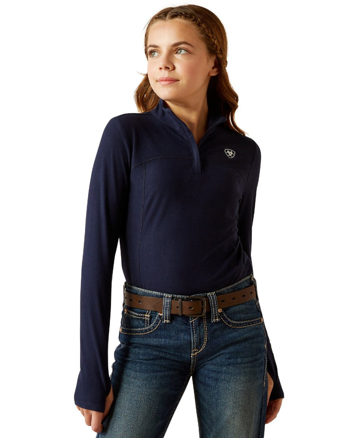 Navy Coloured Ariat Childrens Lowell 3.0 Quarter Zip Baselayer on white background #colour_navy