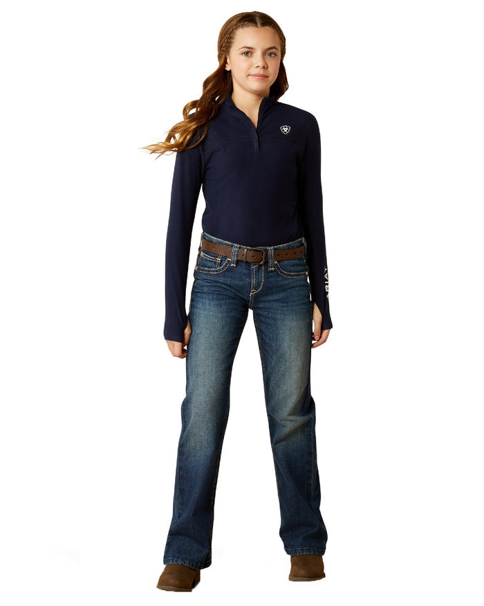 Navy Coloured Ariat Childrens Lowell 3.0 Quarter Zip Baselayer on white background #colour_navy