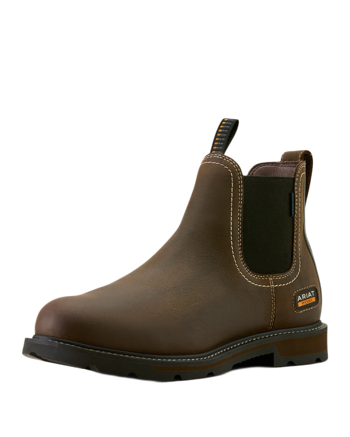 Dark Brown coloured Ariat Mens Groundbreaker Chelsea Waterproof Work Boots on white background #colour_dark-brown