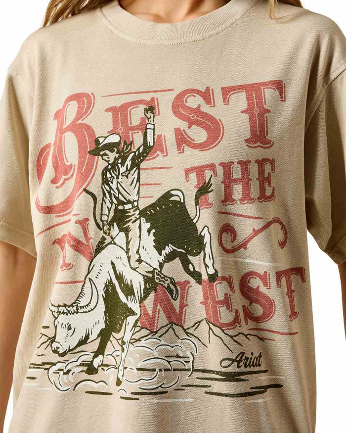 French Oak coloured Ariat Womens Bull Rider Arched T-Shirt on white background #colour_french-oak