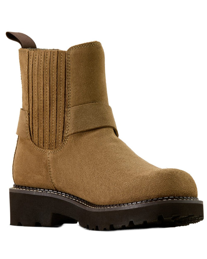 Tan Suede coloured Ariat Womens Fatbaby Chelsea Harness Western Boots on white background #colour_tan-suede