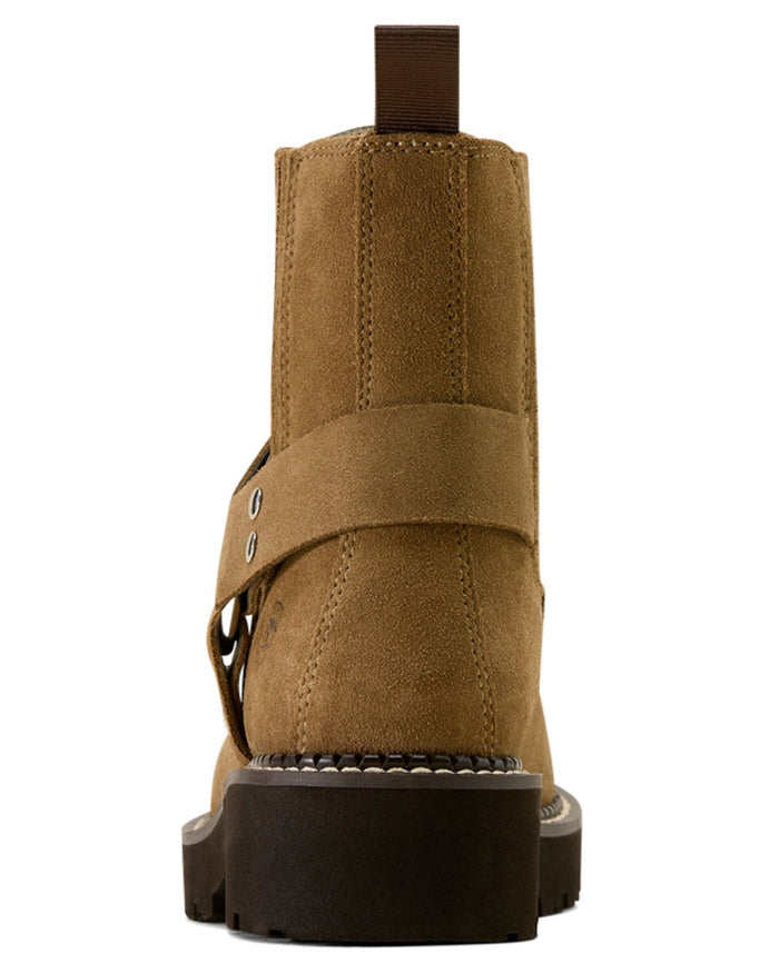 Tan Suede coloured Ariat Womens Fatbaby Chelsea Harness Western Boots on white background #colour_tan-suede