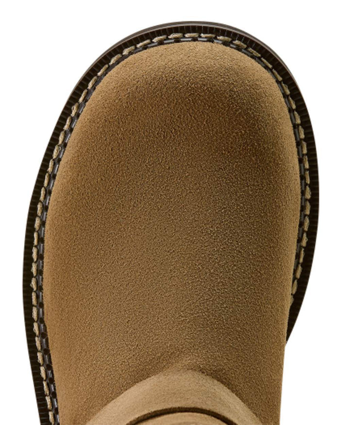 Tan Suede coloured Ariat Womens Fatbaby Chelsea Harness Western Boots on white background #colour_tan-suede