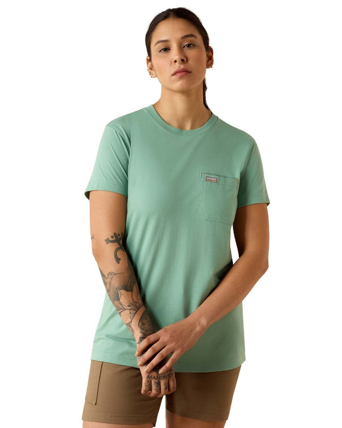 Malachite Green coloured Ariat Womens Rebar Workman Field Dog Classic Fit T-Shirt on white background #colour_malachite-green