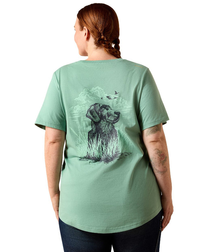 Malachite Green coloured Ariat Womens Rebar Workman Field Dog Classic Fit T-Shirt on white background #colour_malachite-green