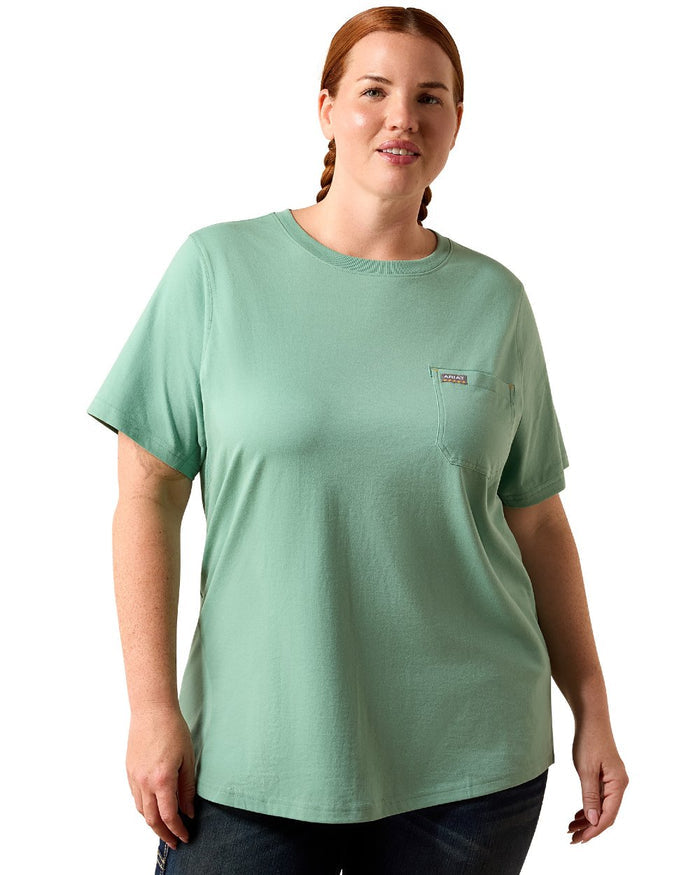 Malachite Green coloured Ariat Womens Rebar Workman Field Dog Classic Fit T-Shirt on white background #colour_malachite-green