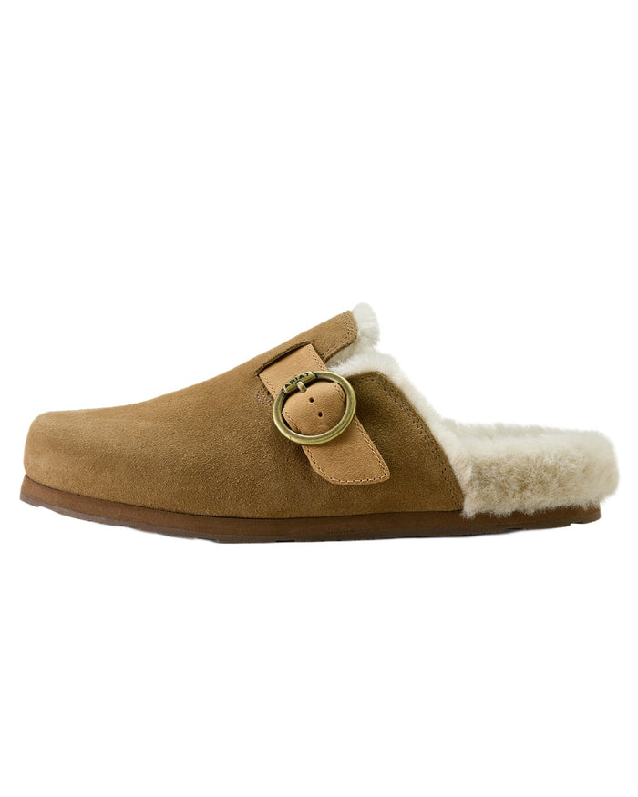 Ranch Brown Suede coloured Ariat Womens Sherpa Country Mules on white background #colour_ranch-brown-suede