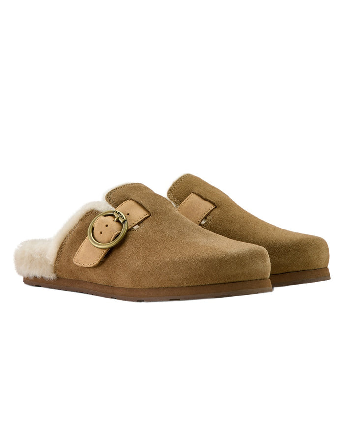 Ranch Brown Suede coloured Ariat Womens Sherpa Country Mules on white background #colour_ranch-brown-suede