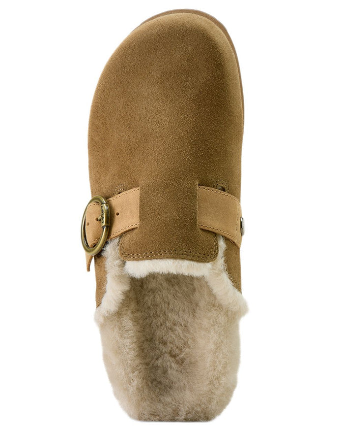 Ranch Brown Suede coloured Ariat Womens Sherpa Country Mules on white background #colour_ranch-brown-suede