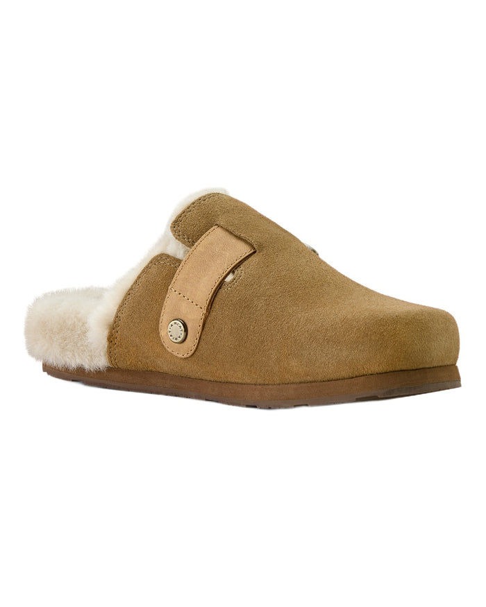 Ranch Brown Suede coloured Ariat Womens Sherpa Country Mules on white background #colour_ranch-brown-suede