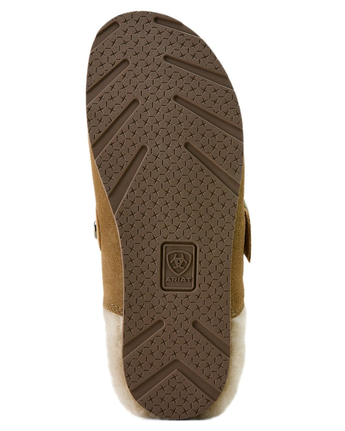 Ranch Brown Suede coloured Ariat Womens Sherpa Country Mules on white background #colour_ranch-brown-suede