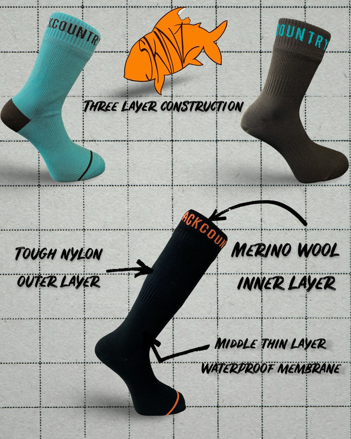 Backcountry Skinz Waterproof Merino Wool Black Knee High Socks
