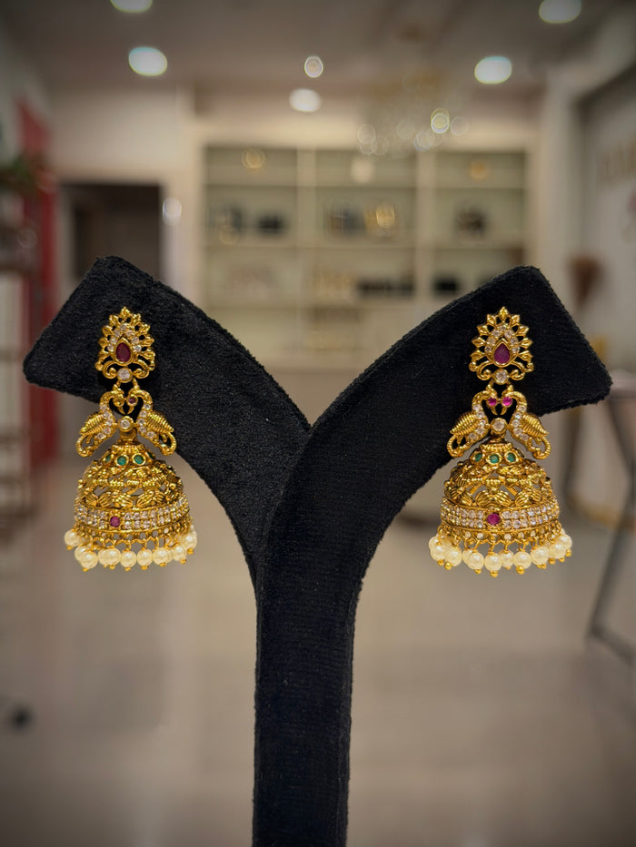 Bird Motif Jhumka Pearl Earrings