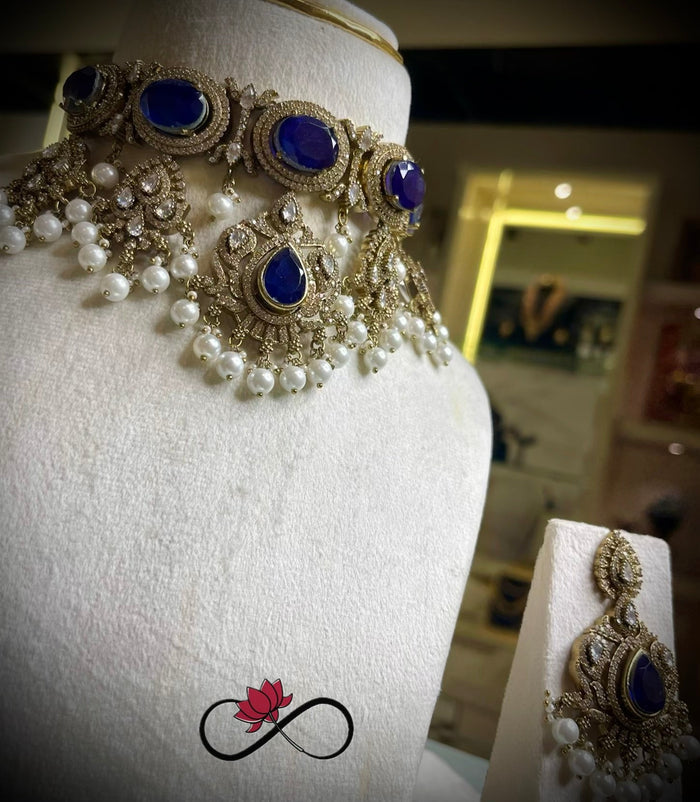Blue Sapphire Doublet Polki Choker Necklace Set