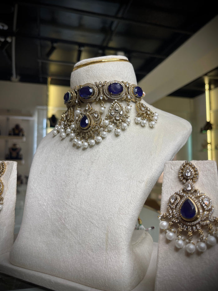 Blue Sapphire Doublet Polki Choker Necklace Set