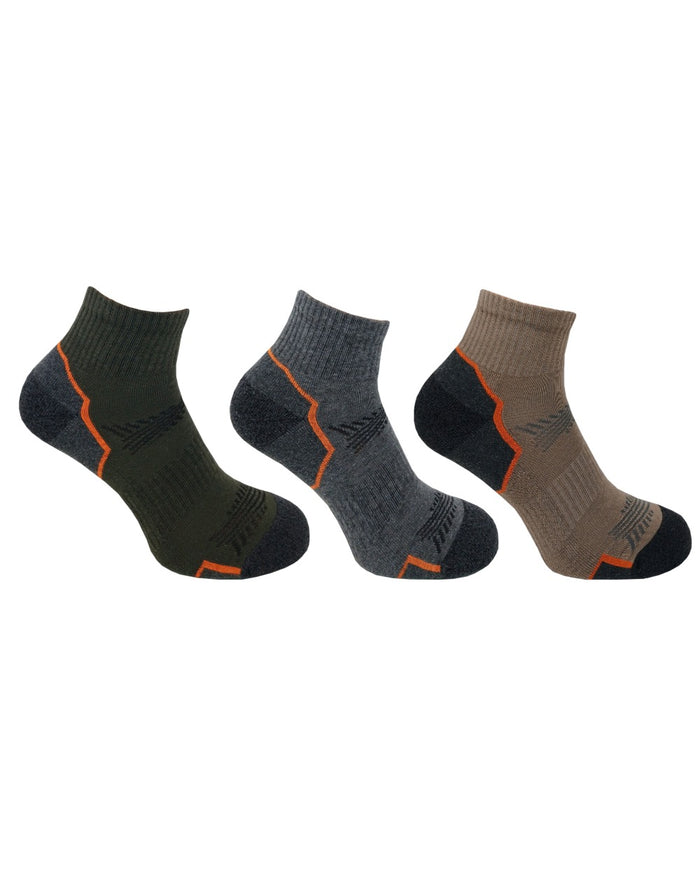 Khaki Grey Oat coloured Bramble Mens Tipping Lowcut Socks Triple Pack on white background #colour_khaki-grey-oat