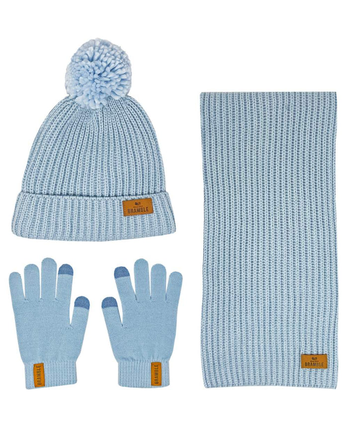 Sky Blue coloured Bramble Womens Three Piece Ribbed Hat Gloves Scarf Set on white background #colour_sky-blue