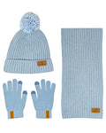 Sky Blue coloured Bramble Womens Three Piece Ribbed Hat Gloves Scarf Set on white background #colour_sky-blue