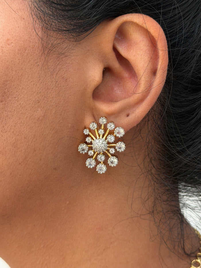 wearing a gold and diamond earring.