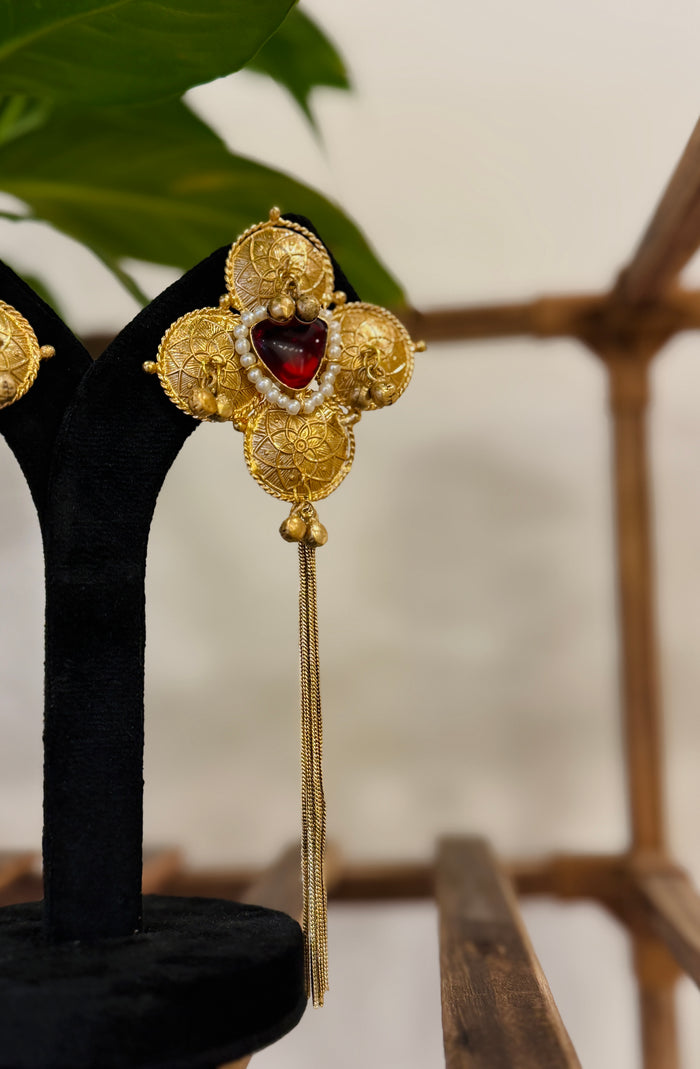 Coin Kundan Stone Pearl Chain Tassel Kashmiri Earrings