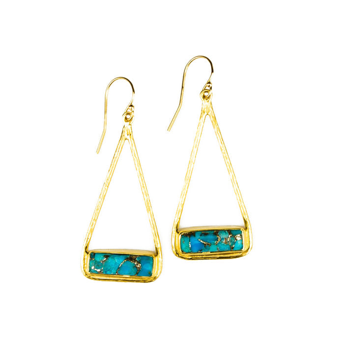Copper Turquoise Adira Bar Triangle Frame Earrings, Sterling Silver or Gold, Modern Boho Chic Frame Dangle Earrings for Women, December Birthstone