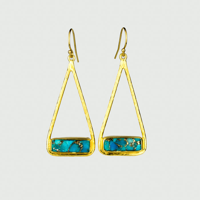 Copper Turquoise Adira Bar Triangle Frame Earrings, Sterling Silver or Gold, Modern Boho Chic Frame Dangle Earrings for Women, December Birthstone