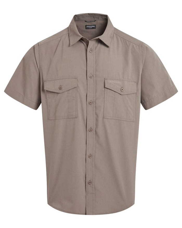 Pebble coloured Craghoppers Mens Kiwi II Short Sleeved Shirt on white background #colour_pebble