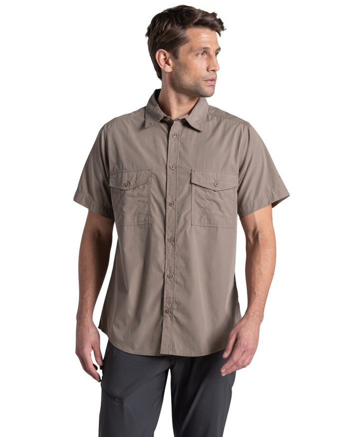 Pebble coloured Craghoppers Mens Kiwi II Short Sleeved Shirt on white background #colour_pebble