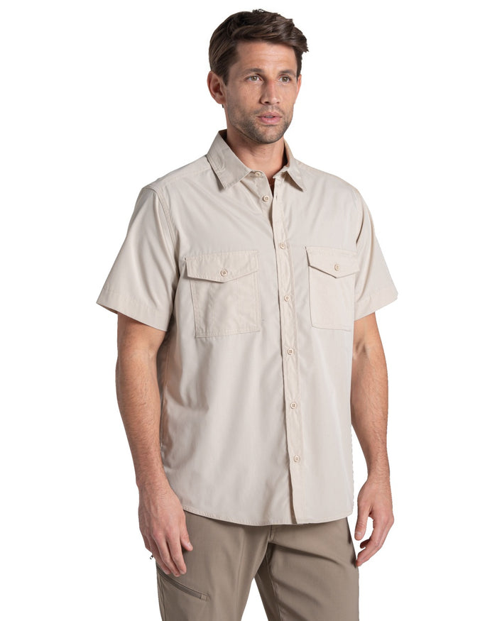 Oatmeal coloured Craghoppers Mens Kiwi II Short Sleeved Shirt on white background #colour_oatmeal