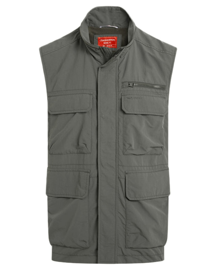 Dark Sage coloured Craghoppers Mens NosiLife Adventure Gilet V on white background #colour_dark-sage