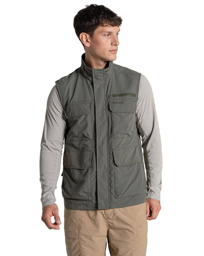 Dark Sage coloured Craghoppers Mens NosiLife Adventure Gilet V on white background #colour_dark-sage