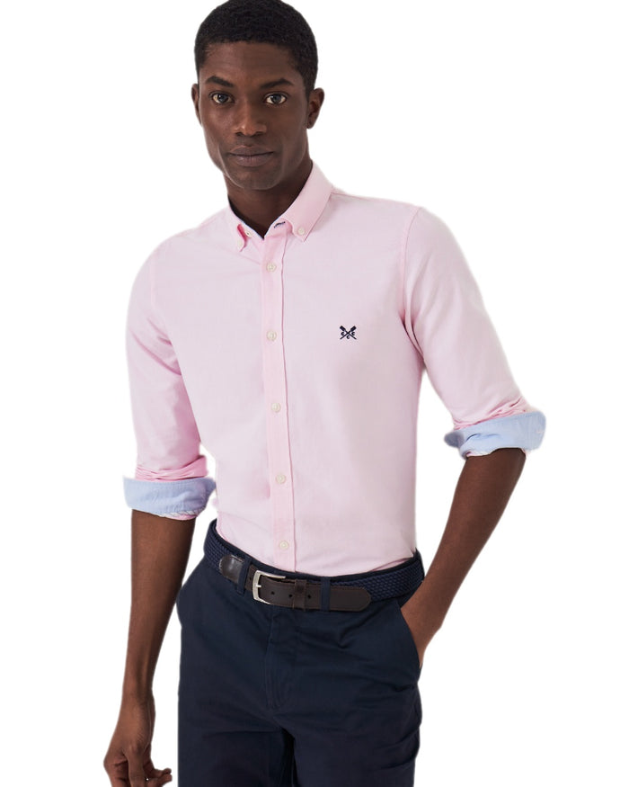 Heritage Classic Pink Heritage White Coloured Crew Clothing Mens Crew Slim Fit Oxford Shirt on white background #colour_heritage-classic-pink-heritage-white