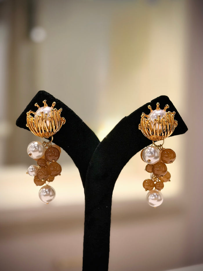 Crown Pearl Cluster Dangle Earrings Set