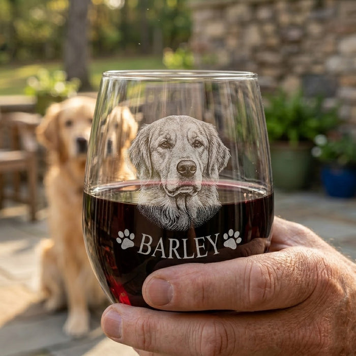 Personalized pet portrait wine glass with dog name engraving, shown in hand with dog in the background.