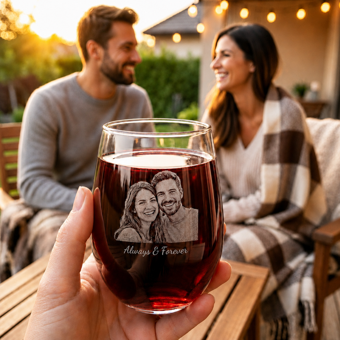 Personalized portrait wine glass gift image with couple in the background, engraved with custom photo and text.