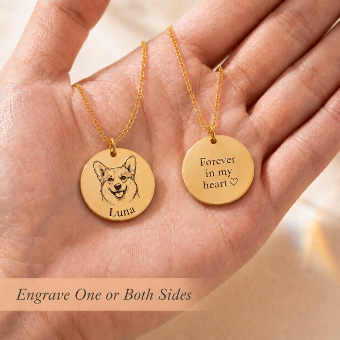 Custom pet necklace showing front and back engraving options for adding a pet portrait, name, or message.