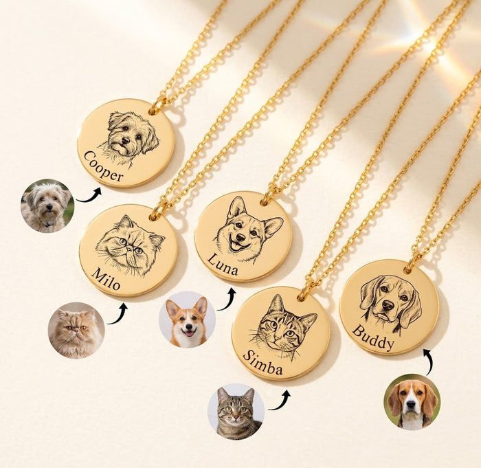Collection of personalized pet portrait necklaces in gold and silver with engraved dog and cat faces from customer photos.