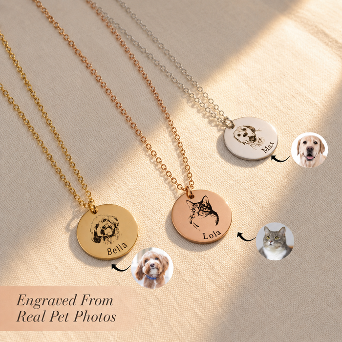 Three engraved pet photo necklaces in gold, rose gold, and silver with small pet photo examples beside each pendant.