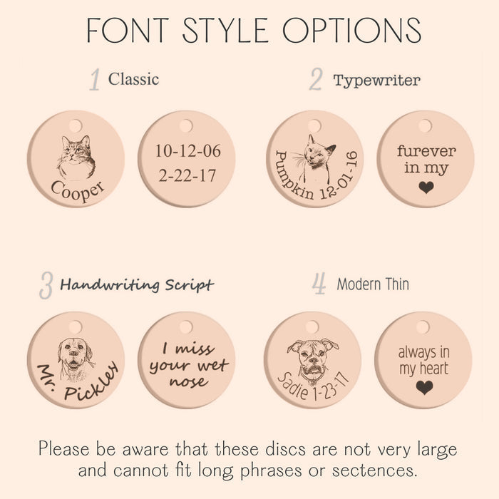 Design card showing engraving styles, font options, and sample layouts for names, dates, or short phrases on the back of the pet portrait pendant. Helpful for customizing personalized pet memorial gifts and dog remembrance gifts; choose classic, typewriter, handwriting script, or modern thin; create a unique condolence gift or Christmas gift for pet lovers.